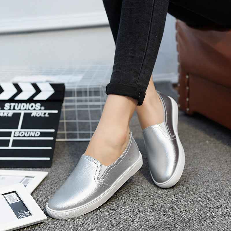 White Small Leather Shoes Korean Casual One-Legged Leather Lazy Shoes Women