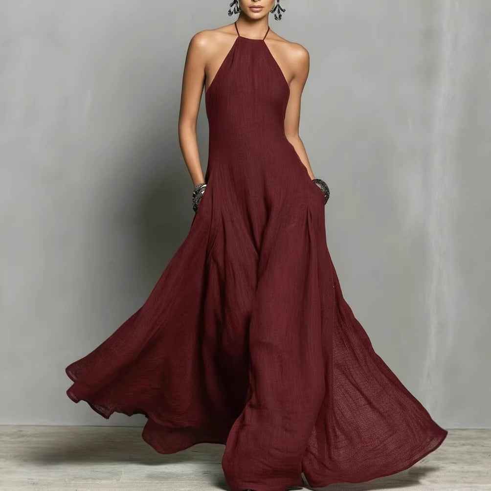 Womens Solid-Color Cotton-Linen Blend Simple Sleeveless Maxi Dress