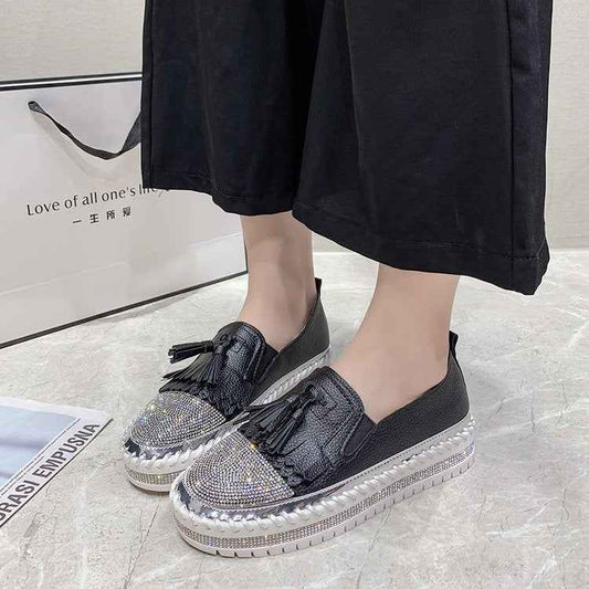 Shallow Leather Rhinestone Platform Shoes For Women