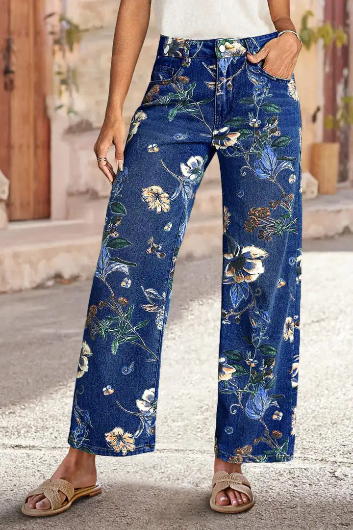 Pantalones vaqueros de pierna recta de talle alto con estampado floral vintage