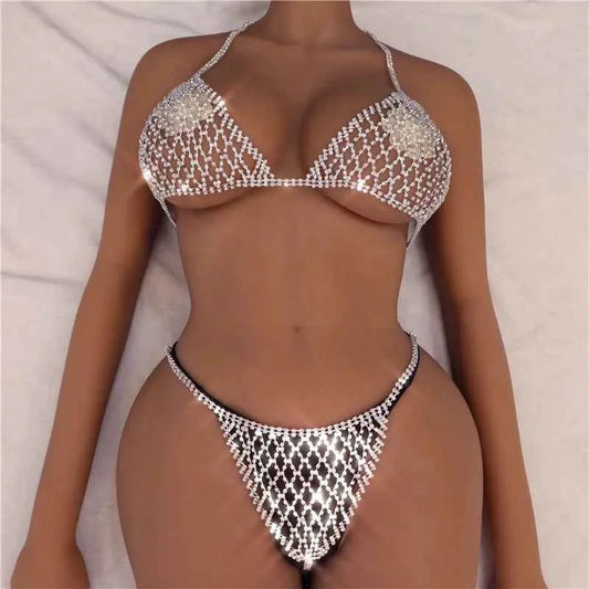 Hot New Mesh Sexy Rhinestone Bikini Body Harness Jewelry Bra and Thong Set Crystal Lingerie Body Chain Bra Underwear Panties