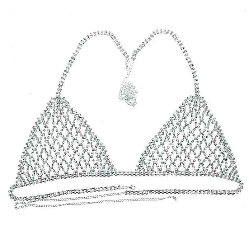 Hot New Mesh Sexy Rhinestone Bikini Body Harness Jewelry Bra and Thong Set Crystal Lingerie Body Chain Bra Underwear Panties
