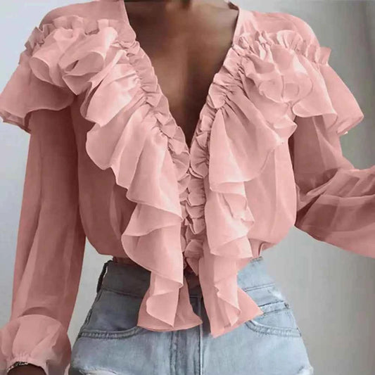 Women Blouse Solid Color V-neck Long Sleeve Loose Top Chiffon Shirt Ruffle Collar Sweet Pullover Blouse Streetwear Women Clothes