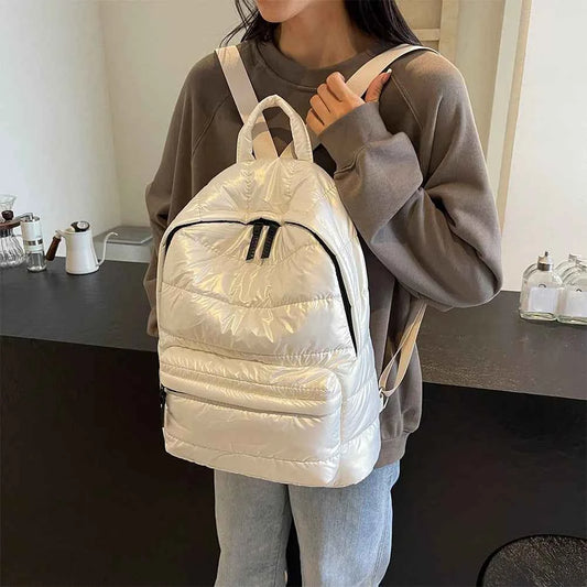 Winter Puffer Students School Bags Large Capacity Down Padded Backpack Solid Color Casual Bookbag Adjustable Strap Teen Rucksack