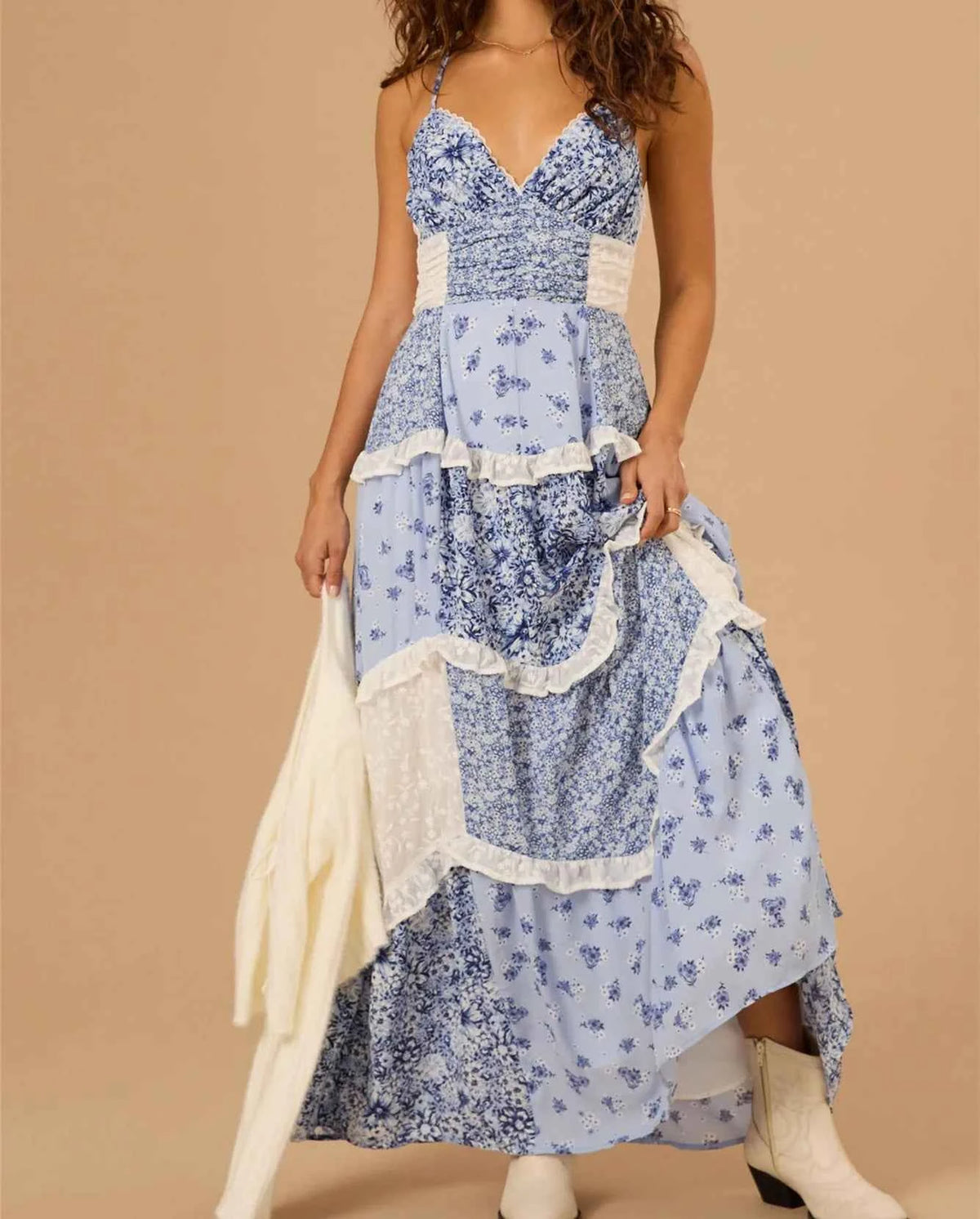Women Boho Tie Shoulder Maxi Dress Y2k Floral Smocked Long Dress Sleeveless Flowy Summer Beach Sundress Vacation Patchwork Dress