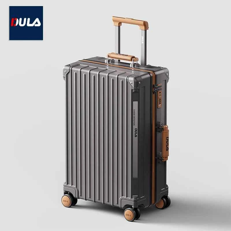 DULA Suitcase Wide Handle Travel Suitcase Men 20 24 26 Carry-On Luggage Women PC Aluminum Frame Trolley Case