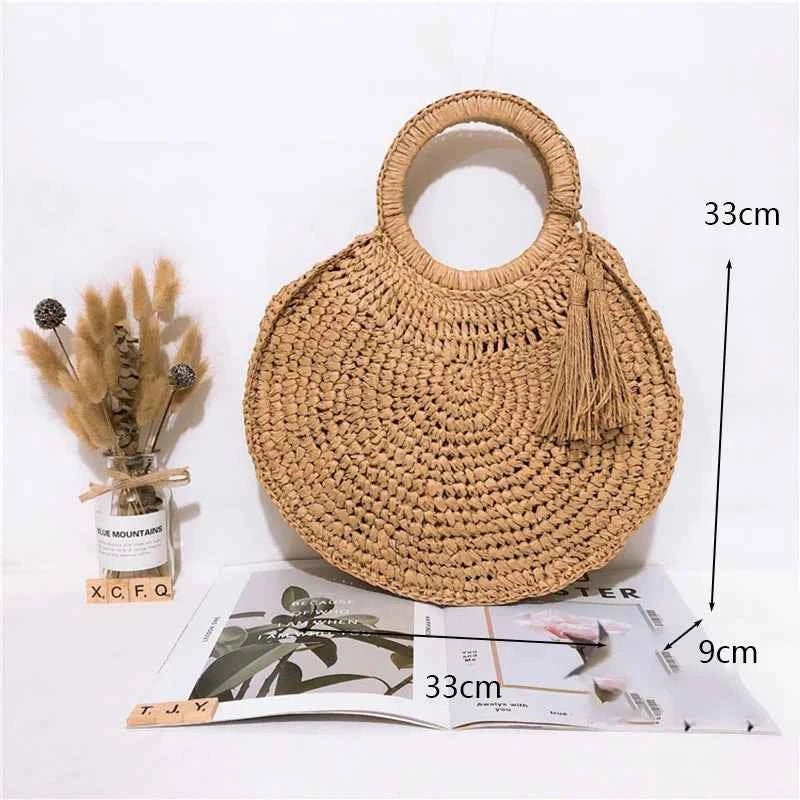 Straw Bag Rattan Woven Round Tassel Handbag For Women Large Capacity Shoulder Tote Purse Ladies Holiday Wood Handle Shopping Bag