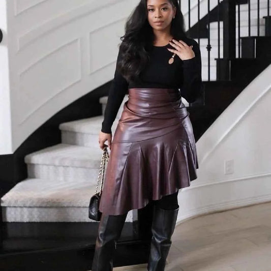 Women's High-Waisted Asymmetric Faux-Leather Skirt