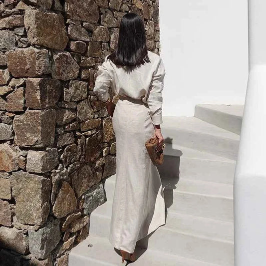 Elegant Spring Autumn Outfit Women Lapel Single Breasted Long Sleeved Shirt+High Waist Slimming Half Skirt Female Two Piece Set