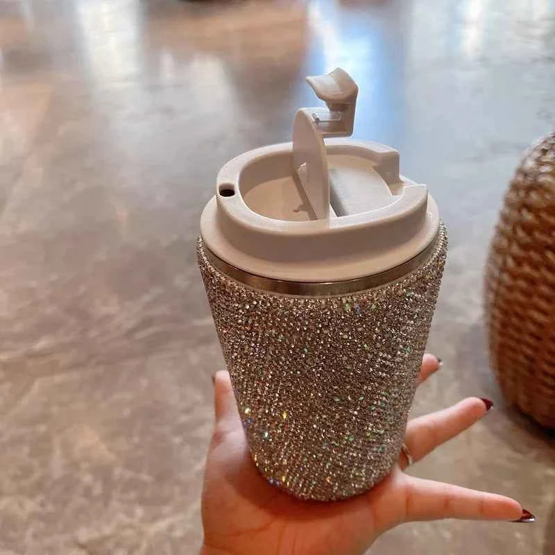 380ml/500ml Luxury Stainless Steel Coffee Cup Insulated Tumbler Vacuum Flask Sparkling Rhinestone Water Bottle Cold Drink Mug