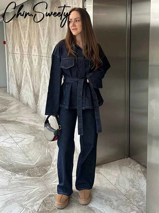 Vintage Belt Denim Jacket Pants Set Women Lapel Single Breasted Jackets High Waist Straight Pant 2026 Spring Lady New Outfit