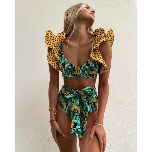 2025 High Waist Ruffle Print Bikini for Women