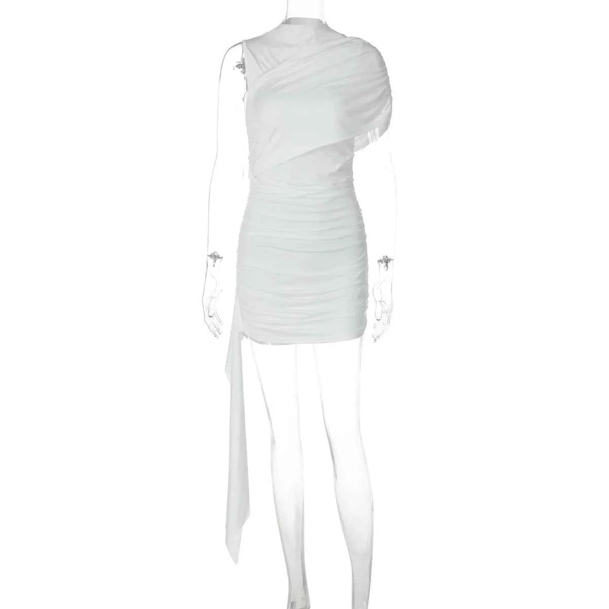 Blifanbo Oblique Shoulder Ruched Slim Mini Dress Women Short Sleeve Patchwork Ribbon White Elegant Fashion Club Party Dress New
