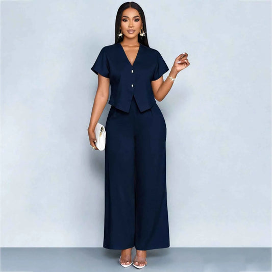 Women's V-Neck Top & Wide-Leg Pants Set