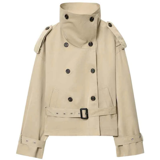 HXAO Crop Khaki Windbreaker Women's Jacket Autumn Fashion Stand Collar Long Sleeve Trench Coat Double-Breasted Belt Outerwears