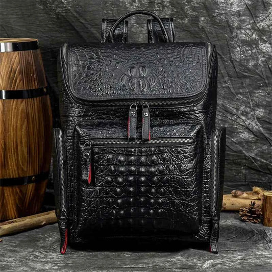 Men's large capacity multi-pocket backpack real leather crocodile print computer storage leather travel bag