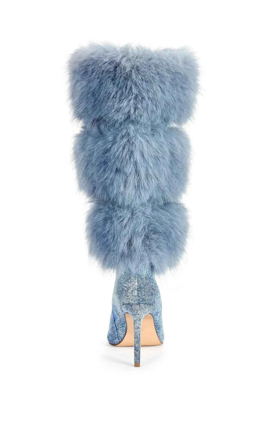 Women's Sky Blue Plush Knee-High Stiletto Boots