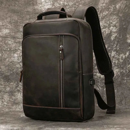 Men's Crazy Horse Leather Backpack 15.6" Laptop Cow Leather Daypack Large Capacity Male Travel Backpack With USB Cable