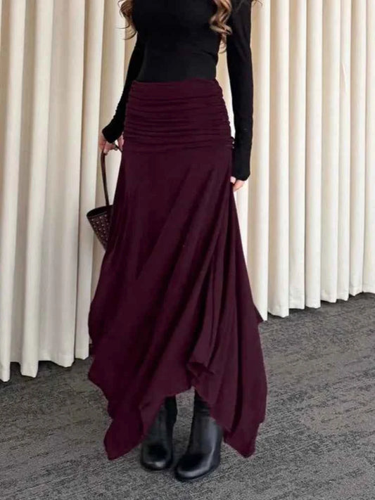 Women's Burgundy Draped Knit Midi Skirt