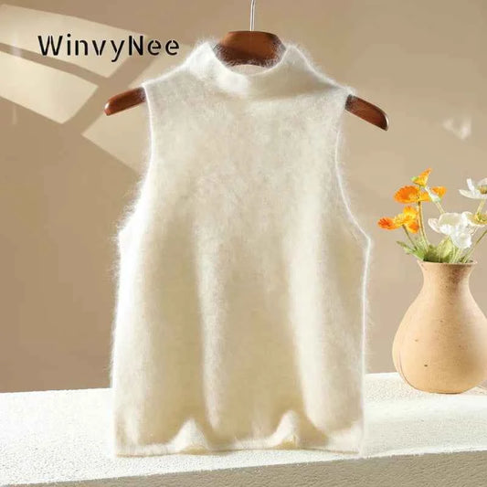 Women's Fluffy Mock-Neck Knit Vest