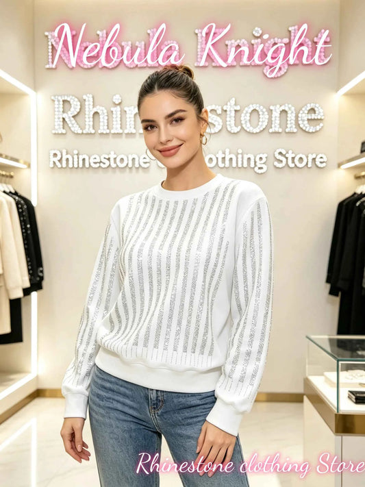 Luxury Rhinestone Women Crew Neck Sweatshirt Thick Fleece Oversized Pullover Winter Warm Sparkling Crystal Streetwear Casual Top