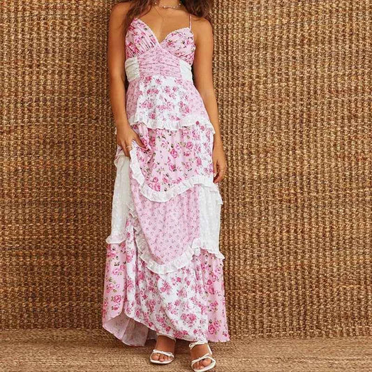 Women Boho Tie Shoulder Maxi Dress Y2k Floral Smocked Long Dress Sleeveless Flowy Summer Beach Sundress Vacation Patchwork Dress