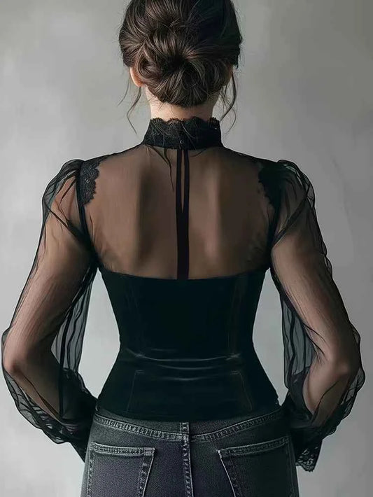Women's Lace-Panel Bell-Sleeve Tie-Waist Top