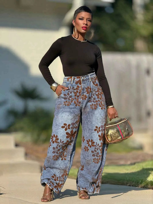 Women's Floral Flocked Wide-Leg Jeans