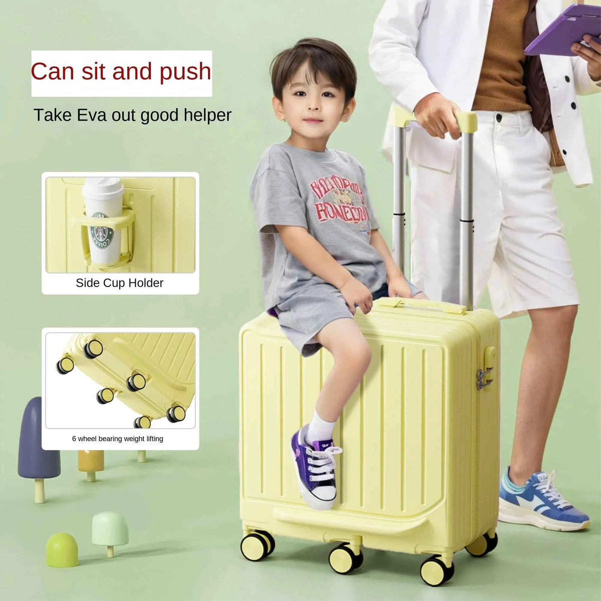 Children's Sit-and-Ride Suitcase for Boys and Girls Six-Wheel Travel Luggage with Foldable Footrest 20-Inch Carry-On Suitcase