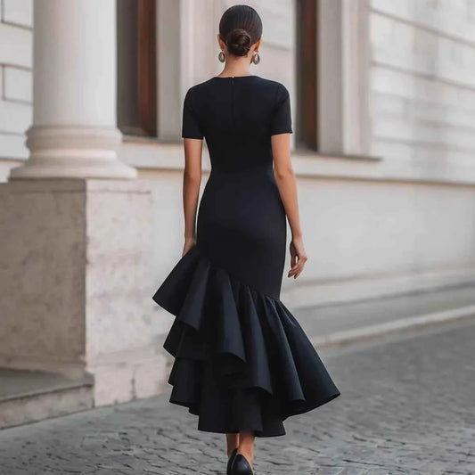 Elegant Ruffle Asymmetric Dress for Sophisticated Daytime Events