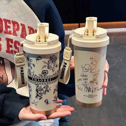 Woman Flower Coffee Mug 500ml 316 Stainless Steel Vacuum Flask Straw and Directly Drinking Insulated Tumbler Thermal Cup