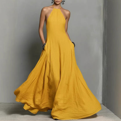 Vestido largo sin mangas de lino y algodón de color liso para mujer