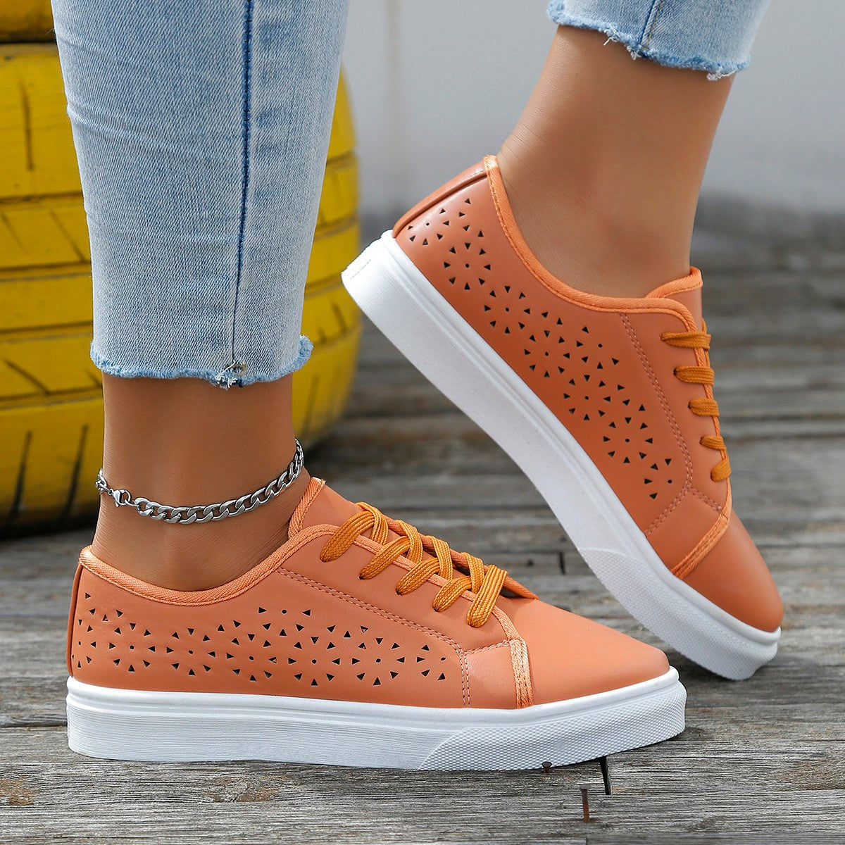 Zapatos planos calados con cordones, zapatos sin cordones calados para caminar para mujer