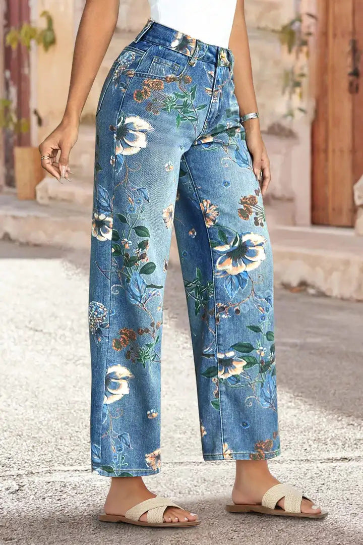 Pantalones vaqueros de pierna recta de talle alto con estampado floral vintage
