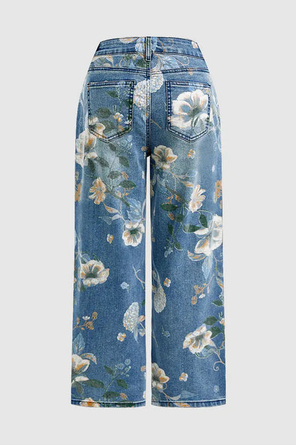 High Waist Straight Leg Jeans Vintage Floral Print Denim Pants