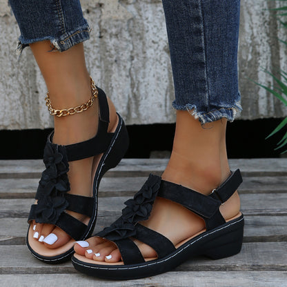 Sandalias de cuña de verano con velcro y flores para mujer