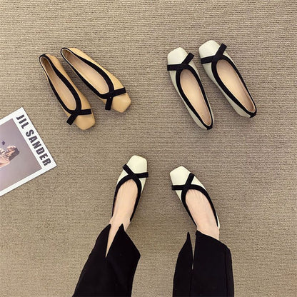 Zapatos planos con punta cuadrada estilo clásico francés para mujer