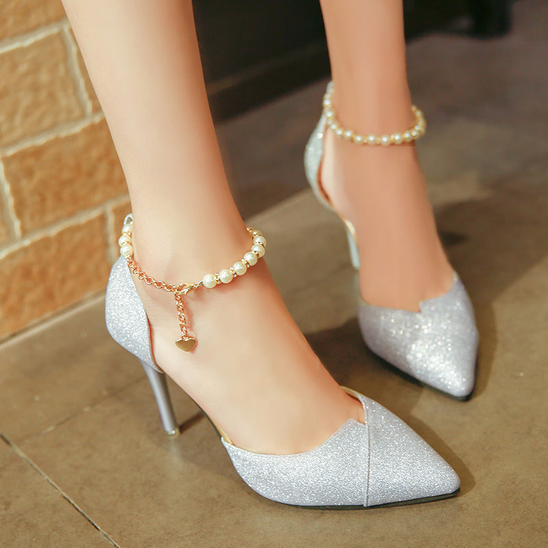 zapatos de tacón de aguja para mujer, con perlas, lentejuelas brillantes, zapatos de fiesta de 10 cm, sandalias de mujer, zapatos puntiagudos dorados y plateados