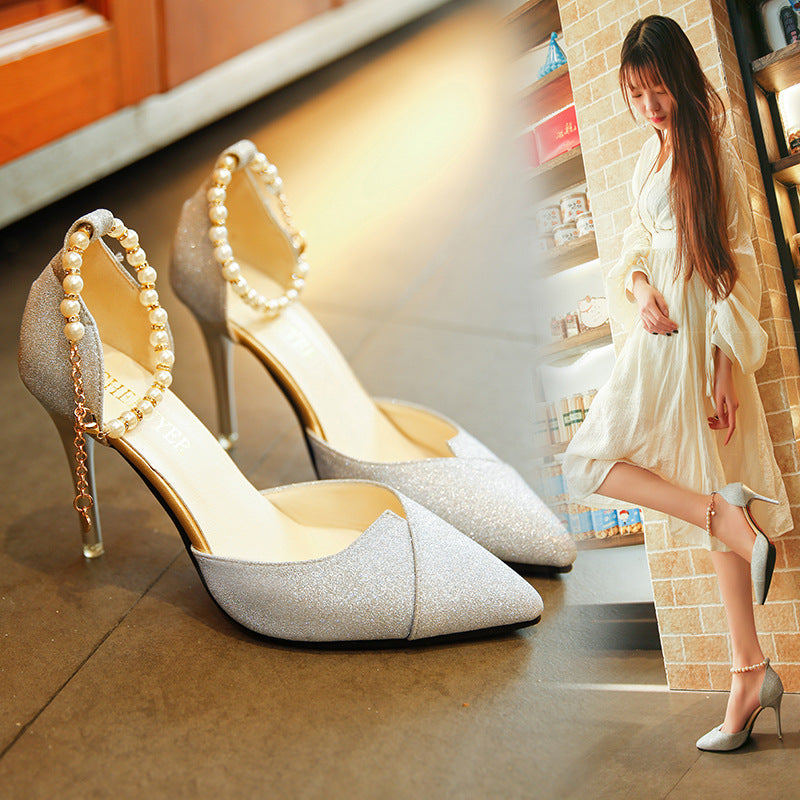 zapatos de tacón de aguja para mujer, con perlas, lentejuelas brillantes, zapatos de fiesta de 10 cm, sandalias de mujer, zapatos puntiagudos dorados y plateados