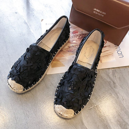 Zapatos de mujer de punta redonda plana, zapatos de cáñamo, zapatos de paja para mujer