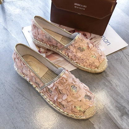 Zapatos de mujer de punta redonda plana, zapatos de cáñamo, zapatos de paja para mujer