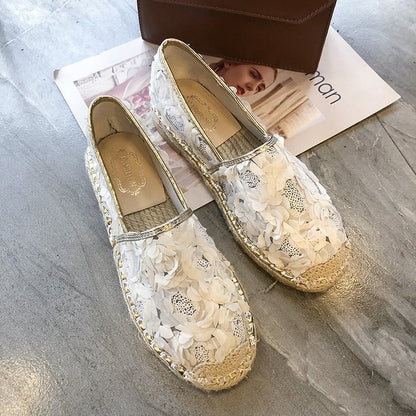 Zapatos de mujer de punta redonda plana, zapatos de cáñamo, zapatos de paja para mujer