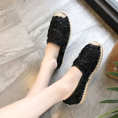 Zapatos de mujer de punta redonda plana, zapatos de cáñamo, zapatos de paja para mujer