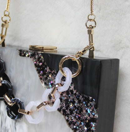 Bolso de mano de vestir de acrílico con diseño de mármol de lujo para teléfono
