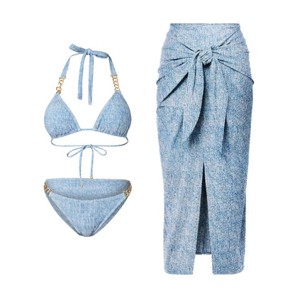 Triangular Sexy Denim Printed Two-Piece Swimsuit Set For Women