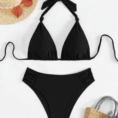 Traje de baño bikini halter de triángulo de color liso para mujer