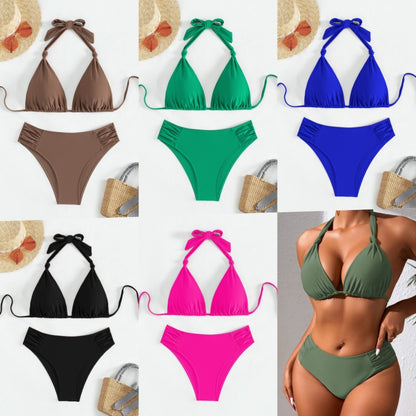 Traje de baño bikini halter de triángulo de color liso para mujer
