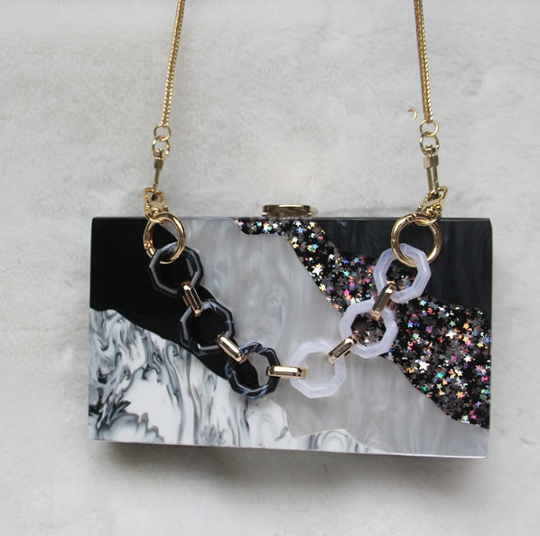 Bolso de mano de vestir de acrílico con diseño de mármol de lujo para teléfono