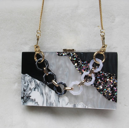 Bolso de mano de vestir de acrílico con diseño de mármol de lujo para teléfono