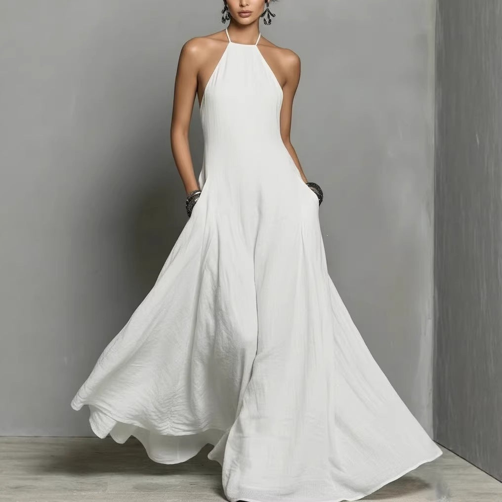 Vestido largo sin mangas de lino y algodón de color liso para mujer